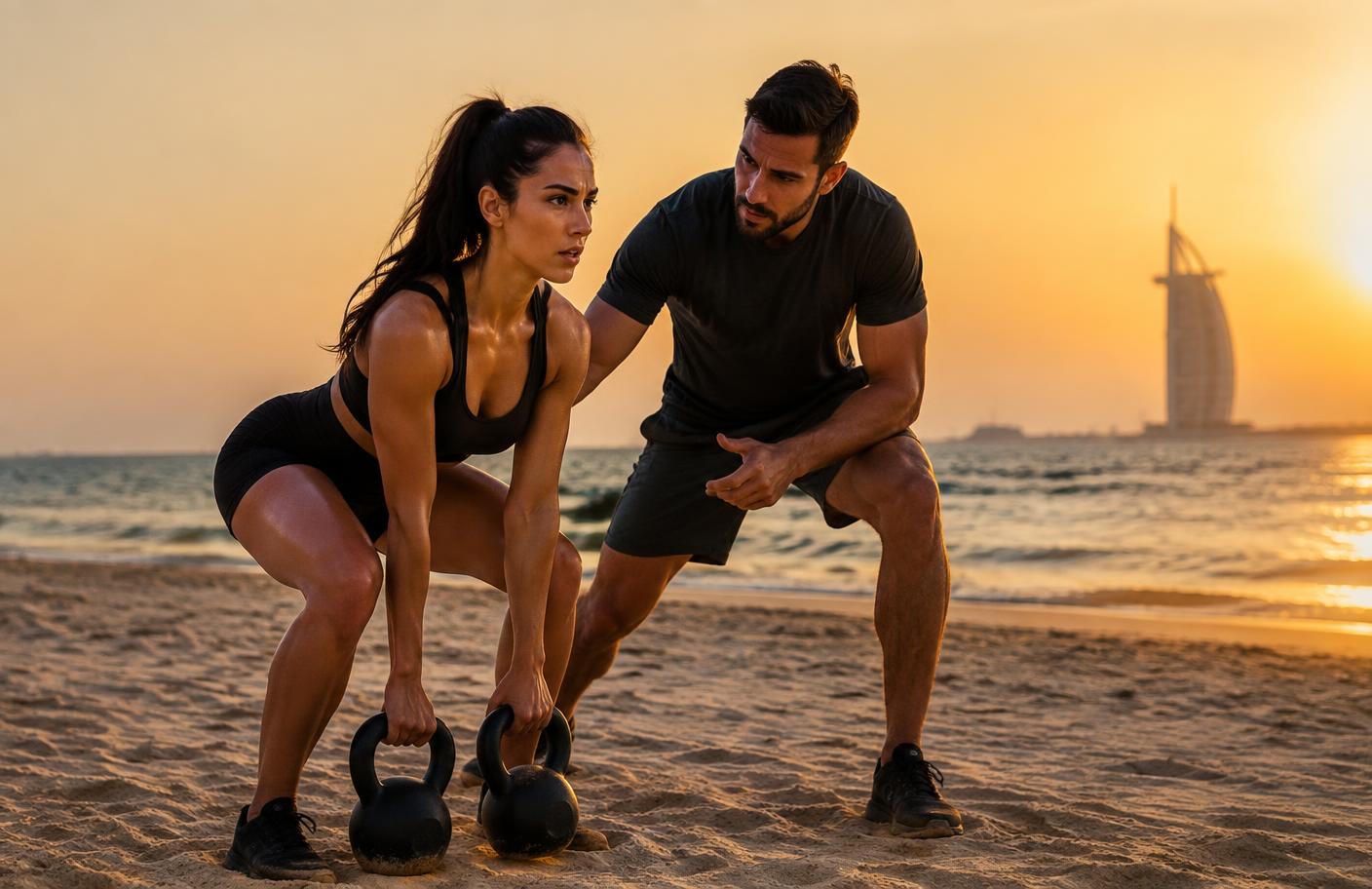 Trainer coaching a client through kettlebell work on a Dubai beach