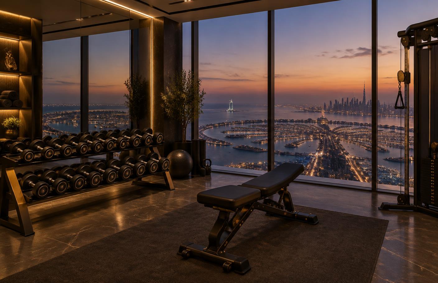 Private residential gym overlooking Palm Jumeirah at dusk